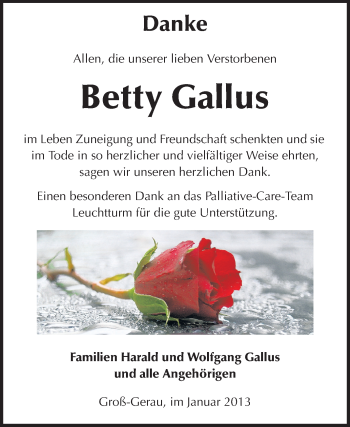Traueranzeige von Betty Gallus von Rüsselsheimer Echo, Groß-Gerauer-Echo, Ried Echo