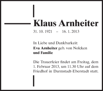 Traueranzeige von Klaus Arnheiter von Echo-Zeitungen (Gesamtausgabe)
