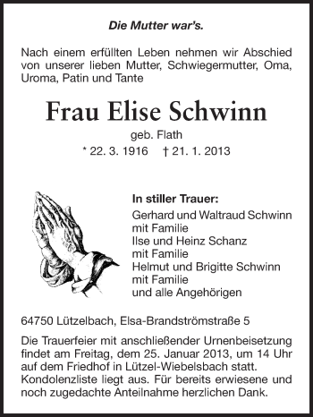 Traueranzeige von Elise Schwinn von Odenwälder Echo