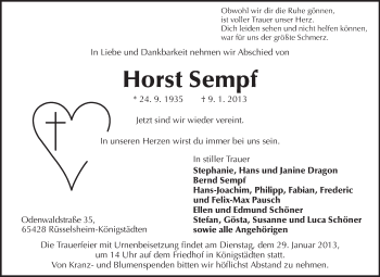 Traueranzeige von Horst Sempf von Rüsselsheimer Echo, Groß-Gerauer-Echo, Ried Echo