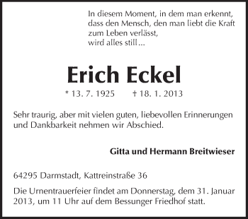 Traueranzeige von Erich Eckel von Echo-Zeitungen (Gesamtausgabe)