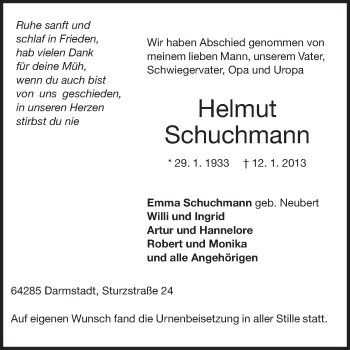 Traueranzeige von Helmut Schuchmann von Echo-Zeitungen (Gesamtausgabe)