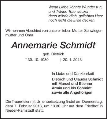 Traueranzeige von Annemarie Schmidt von Echo-Zeitungen (Gesamtausgabe)
