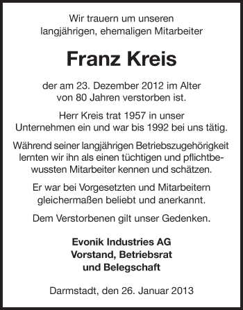 Traueranzeige von Franz Kreis von Echo-Zeitungen (Gesamtausgabe)