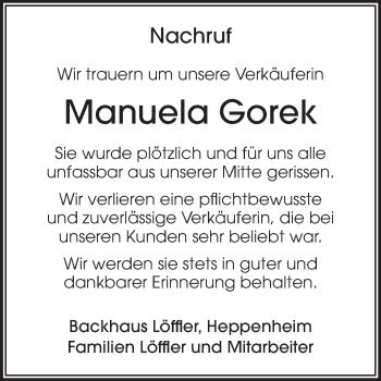 Traueranzeige von Manuela Gorek von Starkenburger Echo