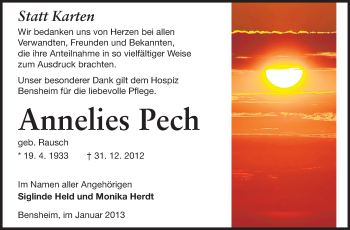 Traueranzeige von Annelies Pech von Starkenburger Echo