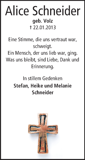 Traueranzeige von Alice Schneider von Echo-Zeitungen (Gesamtausgabe)
