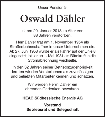 Traueranzeige von Oswald Dähler von Echo-Zeitungen (Gesamtausgabe)