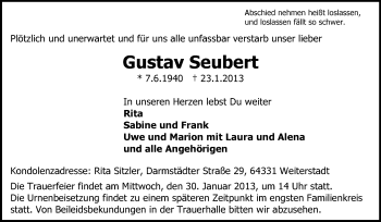 Traueranzeige von Gustav Seubert von Echo-Zeitungen (Gesamtausgabe)