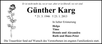 Traueranzeige von Günther Karg von Odenwälder Echo