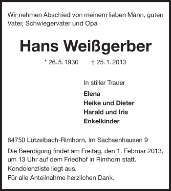 Traueranzeige von Hans Weißgerber von Odenwälder Echo