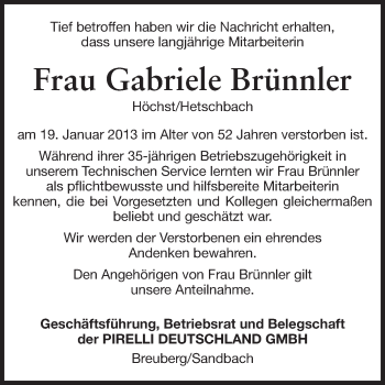 Traueranzeige von Gabriele Brünnler von Odenwälder Echo