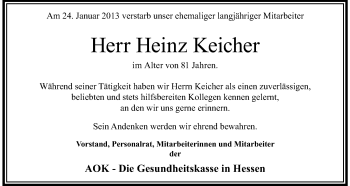 Traueranzeige von Heinz Keicher von Rüsselsheimer Echo, Groß-Gerauer-Echo, Ried Echo