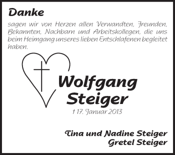 Traueranzeige von Wolfgang Steiger von Echo-Zeitungen (Gesamtausgabe)