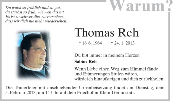 Traueranzeige von Thomas Reh von Rüsselsheimer Echo, Groß-Gerauer-Echo, Ried Echo