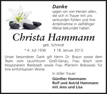 Traueranzeige von Christa Hammann von Rüsselsheimer Echo, Groß-Gerauer-Echo, Ried Echo