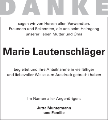 Traueranzeige von Marie Lautenschläger von Odenwälder Echo