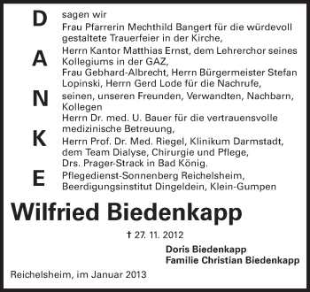 Traueranzeige von Wilfried Biedenkap von Odenwälder Echo