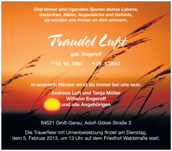 Traueranzeige von Traudel Luft von Rüsselsheimer Echo, Groß-Gerauer-Echo, Ried Echo