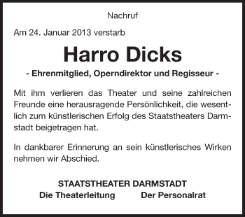 Traueranzeige von Harro Dicks von Darmstädter Echo, Odenwälder Echo, Rüsselsheimer Echo, Groß-Gerauer-Echo, Ried Echo