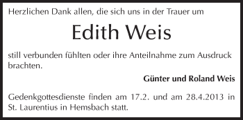 Traueranzeige von Edith Weis von Starkenburger Echo