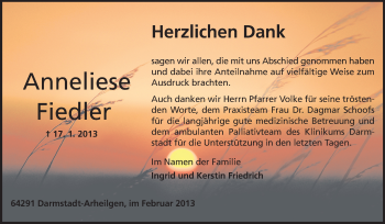 Traueranzeige von Anneliese Fiedler von Echo-Zeitungen (Gesamtausgabe)