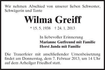 Traueranzeige von Wilma Greiff von Echo-Zeitungen (Gesamtausgabe)