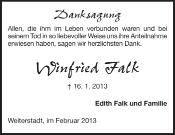 Traueranzeige von Winfried Falk von Echo-Zeitungen (Gesamtausgabe)