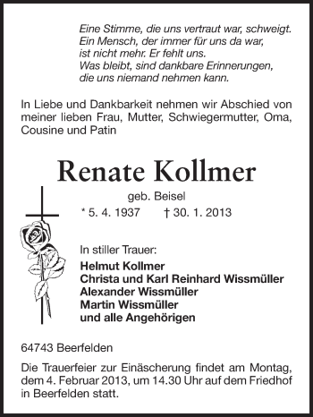 Traueranzeige von Renate Kollmer von Odenwälder Echo