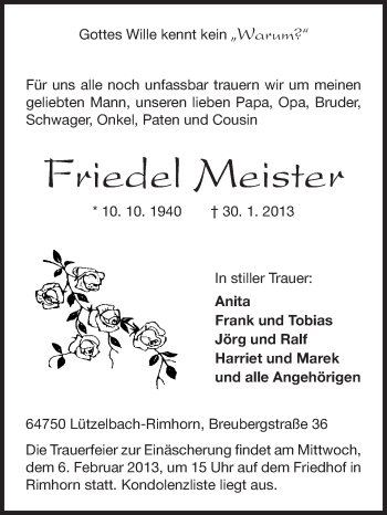 Traueranzeige von Friedel Meister von Odenwälder Echo