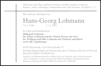 Traueranzeige von Hans-Georg Lohmann von Echo-Zeitungen (Gesamtausgabe)
