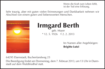 Traueranzeige von Irmgard Berth von Echo-Zeitungen (Gesamtausgabe)