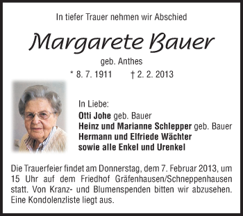 Traueranzeige von Margarete Bauer von Echo-Zeitungen (Gesamtausgabe)