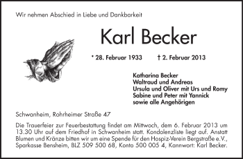 Traueranzeige von Karl Becker von Echo-Zeitungen (Gesamtausgabe)
