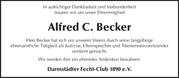 Traueranzeige von Alfred Becker von Echo-Zeitungen (Gesamtausgabe)