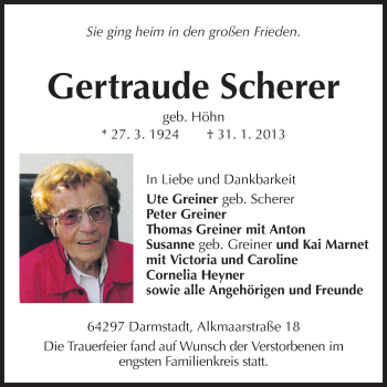 Traueranzeige von Gertraude Scherer von Echo-Zeitungen (Gesamtausgabe)