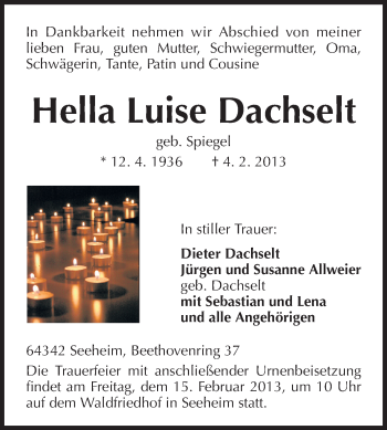 Traueranzeige von Hella Luise Dachselt von Echo-Zeitungen (Gesamtausgabe)