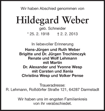 Traueranzeige von Hildegard Weber von Echo-Zeitungen (Gesamtausgabe)