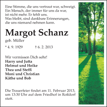 Traueranzeige von Margot Schanz von Darmstädter Echo, Odenwälder Echo, Rüsselsheimer Echo, Groß-Gerauer-Echo, Ried Echo