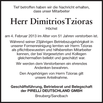 Traueranzeige von Dimitrios Tzioras von Odenwälder Echo