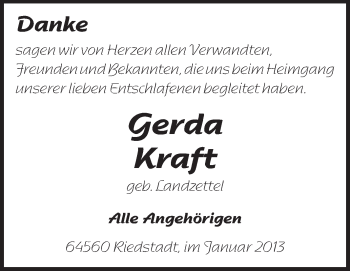 Traueranzeige von Gerda Kraft von Echo-Zeitungen (Gesamtausgabe)