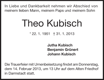 Traueranzeige von Theo Kubisch von Echo-Zeitungen (Gesamtausgabe)