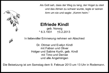 Traueranzeige von Elfriede Kindl von Echo-Zeitungen (Gesamtausgabe)