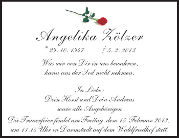 Traueranzeige von Angelika Zölzer von Darmstädter Echo, Odenwälder Echo, Rüsselsheimer Echo, Groß-Gerauer-Echo, Ried Echo