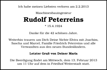 Traueranzeige von Rudolf Peterreins von Echo-Zeitungen (Gesamtausgabe)