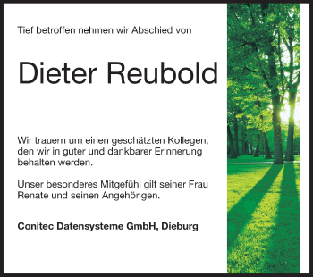 Traueranzeige von Dieter Reubold von Odenwälder Echo
