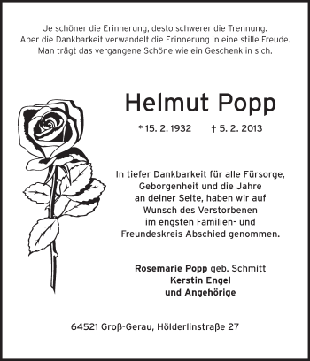 Traueranzeige von Helmut Popp von Rüsselsheimer Echo, Groß-Gerauer-Echo, Ried Echo