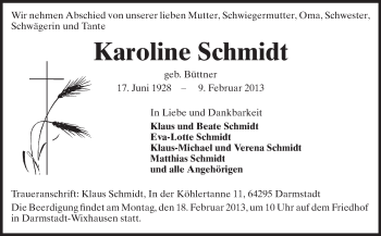 Traueranzeige von Karoline Schmidt von Echo-Zeitungen (Gesamtausgabe)