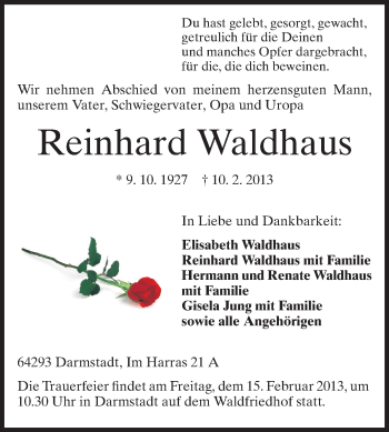 Traueranzeige von Reinhard Waldhaus von Echo-Zeitungen (Gesamtausgabe)