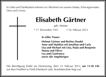 Traueranzeige von Elisabeth Gärtner von Starkenburger Echo